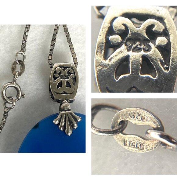 Sterling Silver 925 Oval Blue Chalcedony Quartz Scrollwork Pendant Necklace 20" - Picture 9 of 16